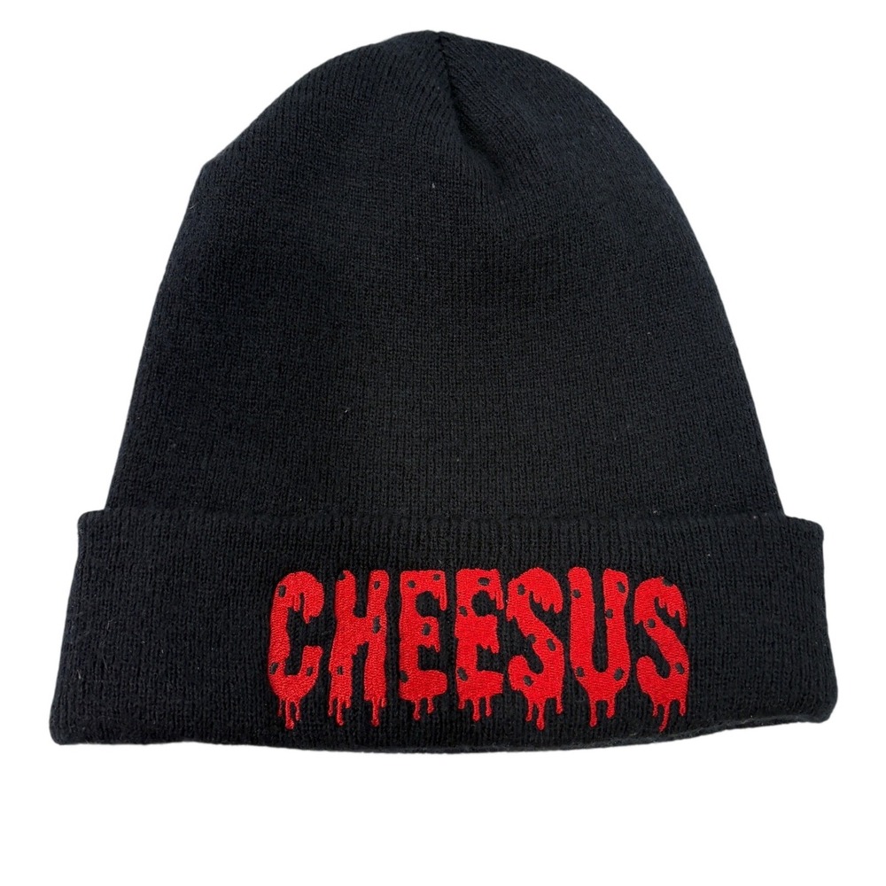 YP Classics Yupoong Cheesus Embroidered Beanie Black Red Drip Graphic Knit Hat